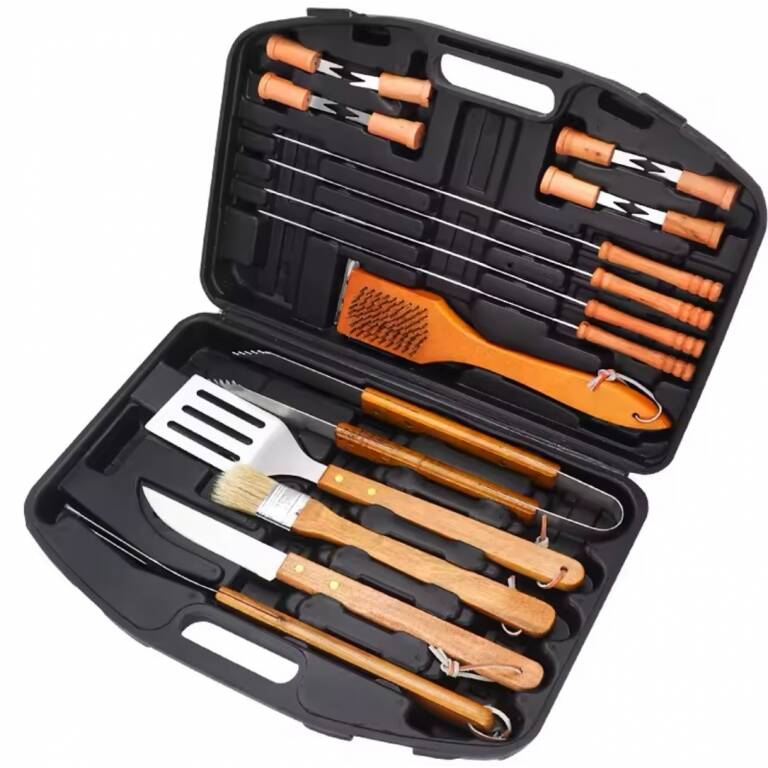 Set Asador Juego Parrilla Madera y Acero 18 Piezas Con Estuche 